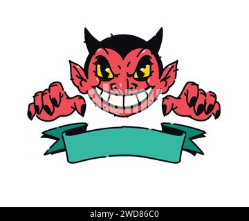 Illustrazione di un simpatico demone rosso. Vettore. Devil, Lucifer è un cartone animato, non un personaggio per bambini. Mascotte eroina per i fumetti. Immagine per il design della T-shirt. Illustrazione Vettoriale