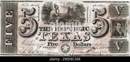 5 dollari - Tesoriere della Repubblica del Texas (Act. 09.06.1837, 1839-1841) Banknote.ws 01. Foto Stock