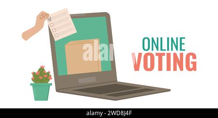 Le elezioni presidenziali online votano per il paese principale. Votare senza uscire di casa. La mano mette il bollettino online. Progettazione di banner Web. Illustrazione vettoriale. Illustrazione Vettoriale