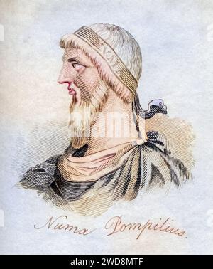 NUMA Pompilius Legendärer zweiter König von Rom, regierte von 715 bis 673 aus dem Buch Crabbs Historical Dictionary aus 1825, Historisch, digital restaurierte Reproduktion von einer Vorlage aus dem 19. Jahrhundert, data record non indicata Foto Stock