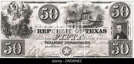 50 Dollars - Tesoriere della Repubblica del Texas (Act. 09.06.1837, 1839-1841) Banknote.ws 01. Foto Stock