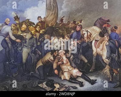 Der Tod von General Sir Ralph Abercromby, 1734-1801. Britischer General, 1801 ging er mit 18,000 Mann gegen die Franzosen nach Ägypten, erfocht einen Sieg über die Franzosen unter Jacques-Francois Menou, wurde dabei tödlich verwundet und starb am 28. März, Historisch, digital restaurierte Reproduktion von einer Vorlage aus dem 19. Jahrhundert, data record non indicata Foto Stock