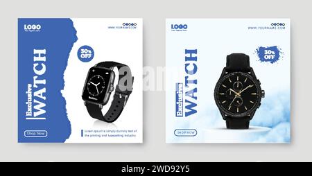 Progettazione di modelli di banner per social media Smart Watch. Vendita di prodotti Smart Watch e progettazione di modelli di banner pubblicitari promozionali sui social media. Illustrazione Vettoriale