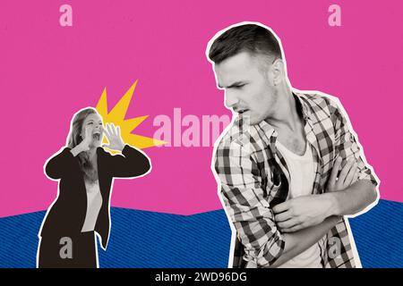 Collage di foto immagine immagine giovane uomo guardare indietro urlare donna moglie rumore forte litigio rabbia relazione rottura disegno sfondo Foto Stock