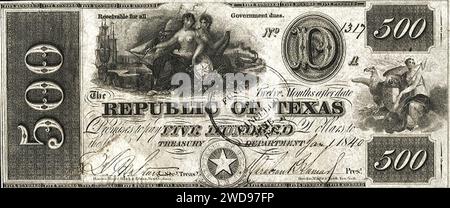 500 Dollars - Tesoriere della Repubblica del Texas (Act. 09.06.1837, 1839-1841) Banknote.ws 01. Foto Stock