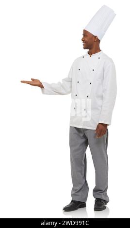 Felice, chef e gesto della mano in studio con un servizio cordiale e cuoco professionale nel lavoro di ospitalità. Uomo nero, positivo e aperto palmo piccolo Foto Stock