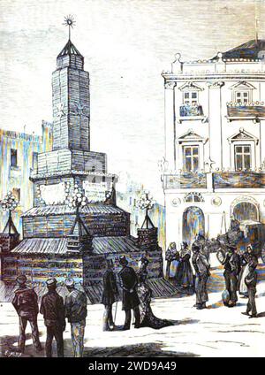 1877-03-08, la Ilustración Española y americana, Viaje de S. M. el rey (corta) Cartagena, Torre construida con barras de plomo procedente de la Fábrica del Excmo. Sr. D. Andrés Pedreño. Foto Stock