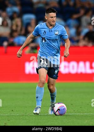 Sydney, Australia. 19 gennaio 2024. Joseph Lolley della squadra del Sydney FC è visto in azione durante il 13° round della stagione A-League 2023/24 maschile tra Sydney FC e Newcastle Jets tenutosi all'Allianz Stadium di Sydney, nuovo Galles del Sud (NSW). Punteggio finale; Sydney FC 4:0 Newcastle Jets. (Foto di Luis Veniegra/SOPA Images/Sipa USA) credito: SIPA USA/Alamy Live News Foto Stock