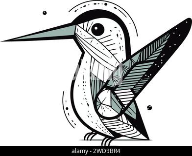 Illustrazione grafica astratta vettoriale disegnata a mano con colibrì isolato su sfondo bianco Illustrazione Vettoriale