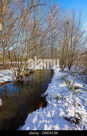 Dortmund, Nordrhein-Westfalen, Deutschland - Winter mit Schnee im Ruhrgebiet, renaturierte Emscher in Dortmund-Aplerbeck. Winterlandschaft mit renaturierter Emscher, Emscherumbau, Dortmund, Nordrhein-Westfalen, Deutschland *** Dortmund, Renania settentrionale-Vestfalia, Germania Inverno con neve nell'area della Ruhr, rinaturalizzazione di Emscher a Dortmund Aplerbeck paesaggio invernale con Emscher rinaturalizzato, conversione di Emscher, Dortmund, Renania settentrionale-Vestfalia, Germania Foto Stock
