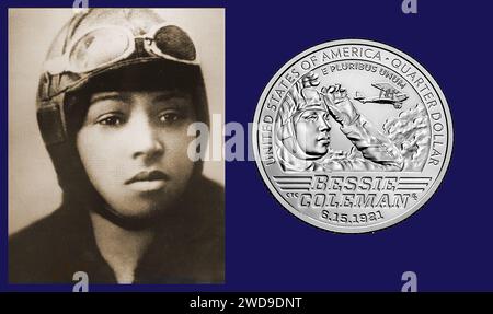 Bessie Coleman, (1892 – 1926) (primo pilota afroamericano mostrato con la moneta da un quarto di dollaro coniata in suo onore. È stata la prima donna afroamericana a possedere una licenza di pilota.[3][4][5][6] ha ottenuto la sua licenza dalla Fédération Aéronautique Internationale ed è la prima persona nera conosciuta a ottenere una licenza di pilota internazionale. È conosciuta anche come Queen Bess e Brave Bessie per le sue esibizioni in spettacoli aerei molto pericolosi negli Stati Uniti. morto in un incidente aereo nel 1926 Foto Stock