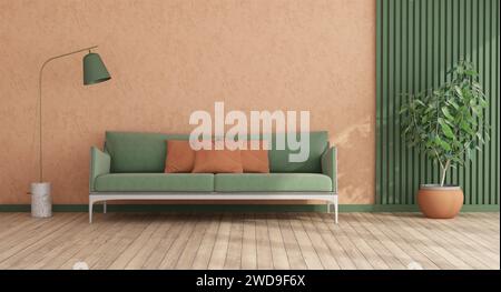 Colore di tendenza Peach fuzz anno 2024, interni minimalisti con divano moderno, piantana e piantana - rendering 3d. Foto Stock