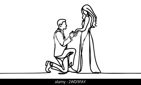 un uomo si alza su un ginocchio e mette un anello al dito della mano sinistra di una donna in piedi accanto a lei - disegno vettoriale disegnato a mano di una sposa e Illustrazione Vettoriale