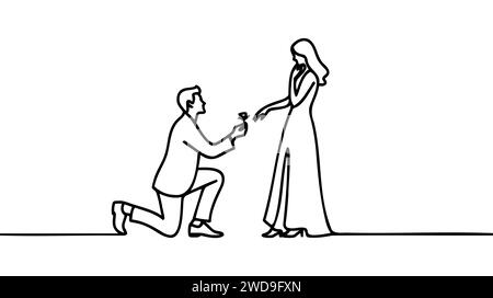 un uomo si alza su un ginocchio e mette un anello al dito della mano sinistra di una donna in piedi accanto a lei - disegno vettoriale disegnato a mano di una sposa e Illustrazione Vettoriale