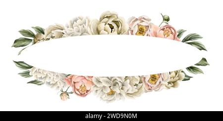 Cornice ovale orizzontale di fiori di peonia, boccioli e foglie verdi di pesco bianco beige. Illustrazione floreale ad acquerello dipinto a mano isolato su bianco ba Foto Stock