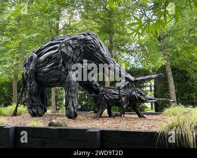 Matakana, nuova Zelanda: Parco di sculture Sculptureum. Un'enorme scultura moderna creata con il driftwood che rappresenta un elefante e il suo bambino Foto Stock