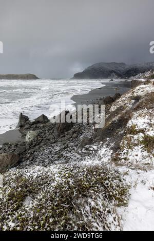 La spiaggia di Myers creek proprio sul lato dell'autostrada 101 coperta di ghiaccio e neve dopo una rara tempesta invernale ha portato la neve sulla costa meridionale dell'Oregon verso la fine di febbraio Foto Stock