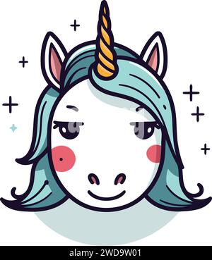 Carina testa di unicorno da cartoni animati. Illustrazione vettoriale in stile scandinavo. Illustrazione Vettoriale