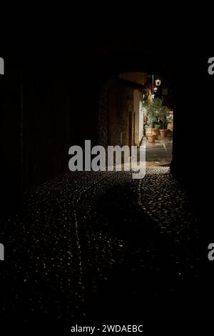 Ammira attraverso un tunnel un vicolo poco illuminato nel centro storico di Malcesine in Italia in tarda serata Foto Stock