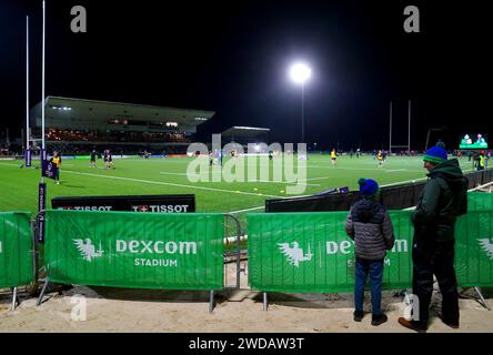 Una visione generale della segnaletica per il nuovo Dexcom Stadium mentre i giocatori si scaldano davanti alla partita della Investec Champions Cup al Dexcom Stadium di Galway. Data immagine: Venerdì 19 gennaio 2024. Foto Stock