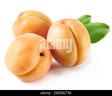 albicocche con foglie ritoccate e sfondo bianco isolato Foto Stock