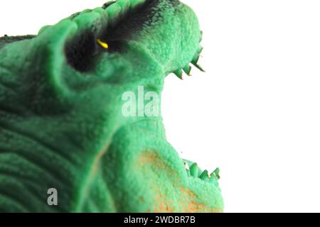 Una foto ravvicinata di una testa di dinosauro verde. Foto Stock