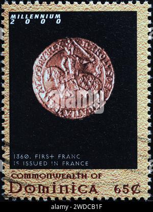 Primo franco francese emesso nel 1360 su francobollo Foto Stock