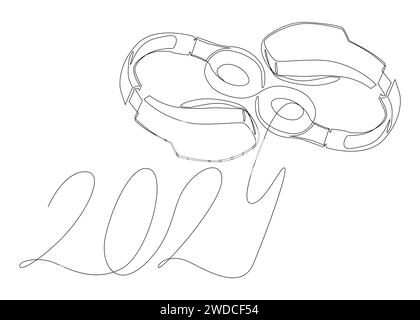 Una linea continua di cuffie e numero 2024. Concetto vettoriale illustrazione a linee sottili. Idee creative per disegnare contorni. Illustrazione Vettoriale