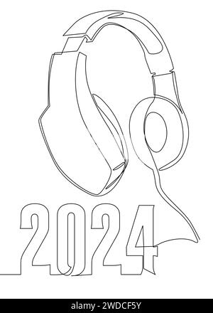 Una linea continua di cuffie e numero 2024. Concetto vettoriale illustrazione a linee sottili. Idee creative per disegnare contorni. Illustrazione Vettoriale