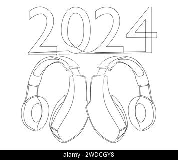 Una linea continua di cuffie e numero 2024. Concetto vettoriale illustrazione a linee sottili. Idee creative per disegnare contorni. Illustrazione Vettoriale