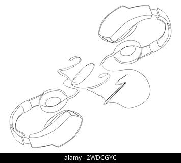 Una linea continua di cuffie e numero 2024. Concetto vettoriale illustrazione a linee sottili. Idee creative per disegnare contorni. Illustrazione Vettoriale