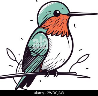 Hummingbird seduto su un ramo. Illustrazione vettoriale disegnata a mano. Illustrazione Vettoriale