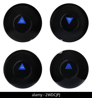 Magic Eight Ball con previsioni diverse isolate su bianco, Collection Foto Stock