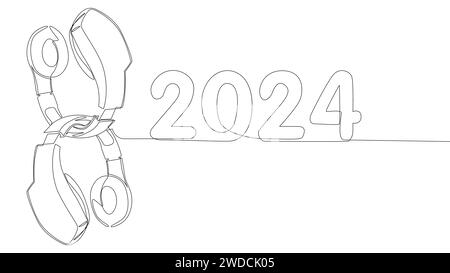 Una linea continua di cuffie e numero 2024. Concetto vettoriale illustrazione a linee sottili. Idee creative per disegnare contorni. Illustrazione Vettoriale