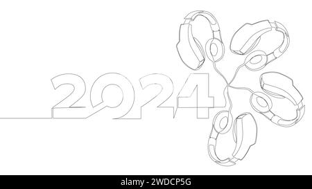 Una linea continua di cuffie e numero 2024. Concetto vettoriale illustrazione a linee sottili. Idee creative per disegnare contorni. Illustrazione Vettoriale