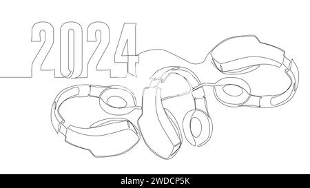 Una linea continua di cuffie e numero 2024. Concetto vettoriale illustrazione a linee sottili. Idee creative per disegnare contorni. Illustrazione Vettoriale