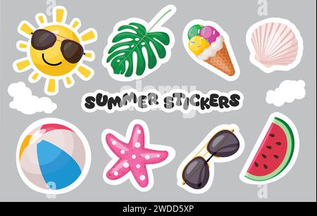 Design vettoriale degli adesivi estivi. Testo adesivi estivi con sole, foglie, gelato, conchiglia, pallone da spiaggia, elementi decorativi a stelle marine e anguria. Illustrazione Vettoriale