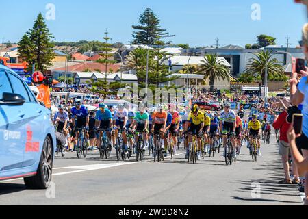 Adelaide, Australia meridionale - 20 gennaio 2024: Tour di Santos Down Under race THINK! Sicurezza stradale - uomo Stage 5 Christies Beach - Willunga Hill inizia con Foto Stock