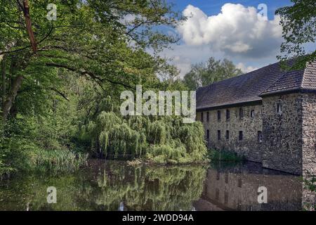 Storico castello medievale sull'acqua chiamato Haus Graven o Wasserburg, Langenfeld-Wiescheid, Renania, Germania Foto Stock