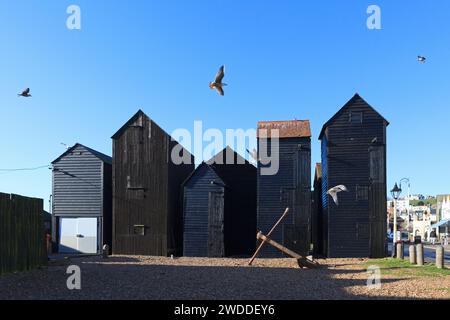 Hastings NET Hastings, tradizionali capanne a rete nere dei pescatori, note anche come negozi di rete, sulla spiaggia dei pescatori Old Town Stade, East Sussex, Regno Unito Foto Stock