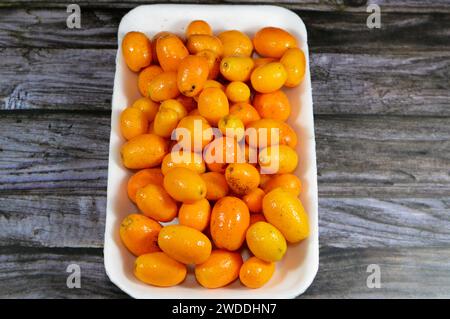 Kumquat, cumquats, un gruppo di piccoli alberi angiospermi, fruttiferi della famiglia Rutaceae, arancio dorato, un frutto commestibile ricorda molto l'ora Foto Stock