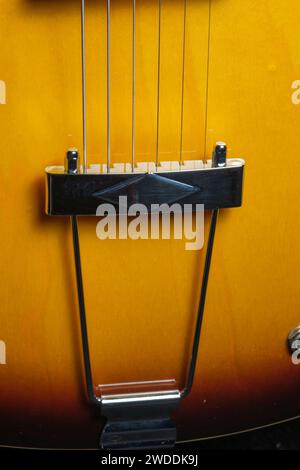 Ponte galleggiante di chitarra elettrica Sunburst e corde Foto Stock