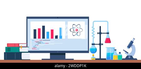 Il luogo di lavoro del chimico con un computer, libri e attrezzature da laboratorio. Ricerca ed esplorazione. Computer, vetreria da laboratorio con sostanza. Ricerca, test Illustrazione Vettoriale