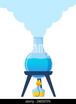 Il tubo di prova viene riscaldato sul fuoco di una lampada d'aria, un bruciatore. Chimica, esperimento di laboratorio scientifico. Processo di combustione, riscaldamento. Evaporazione pr Illustrazione Vettoriale