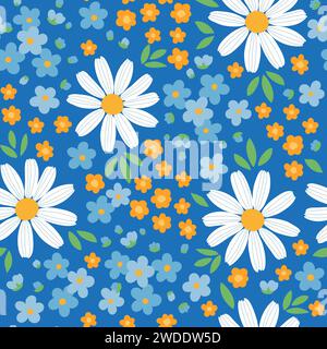 Motivo senza cuciture di piccoli fiori stilizzati su sfondo blu. Illustrazione vettoriale disegnata a mano Illustrazione Vettoriale