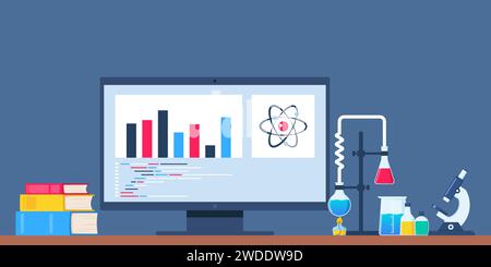 Il luogo di lavoro del chimico con un computer, libri e attrezzature da laboratorio. Ricerca ed esplorazione. Computer, vetreria da laboratorio con sostanza. Ricerca, test Illustrazione Vettoriale