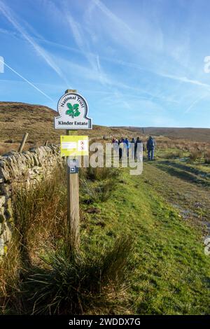 Membri del gruppo a piedi Sandbach U3A Long che si divertono a vagare nelle colline del Peak District sopra la città del Derbyshire, Hayfield, Inghilterra, su Kinder Low Foto Stock