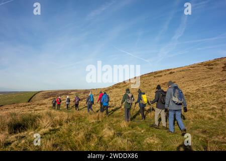 Membri del gruppo a piedi Sandbach U3A Long che si divertono a vagare nelle colline del Peak District sopra la città del Derbyshire, Hayfield, Inghilterra, su Kinder Low Foto Stock