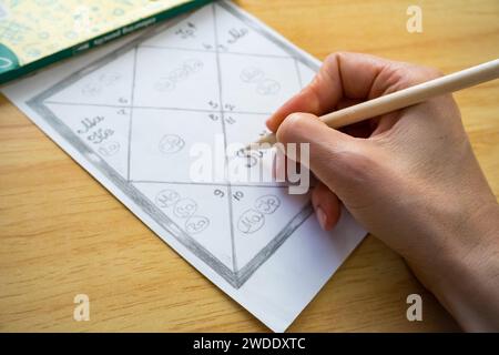 La mano di una donna riempie un grafico astrologico dell'astrologia Jyotish dell'antica India Foto Stock