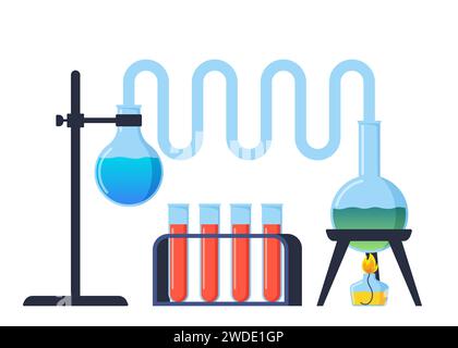 Il tubo di prova viene riscaldato sul fuoco di una lampada d'aria, un bruciatore. Chimica, esperimento di laboratorio scientifico. Processo di combustione, riscaldamento. Evaporazione pr Illustrazione Vettoriale